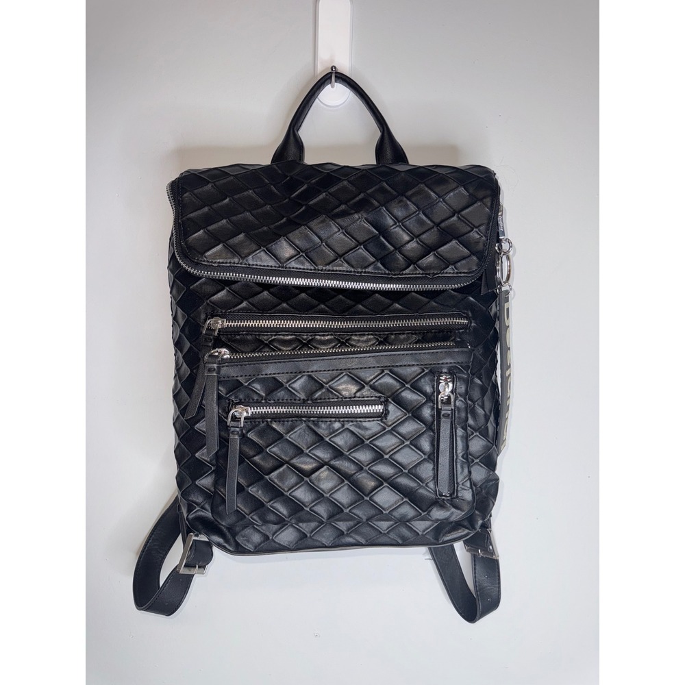 Desigual Black Quilted Faux Leather Backpack Multi Zip Graffiti Lining Bag